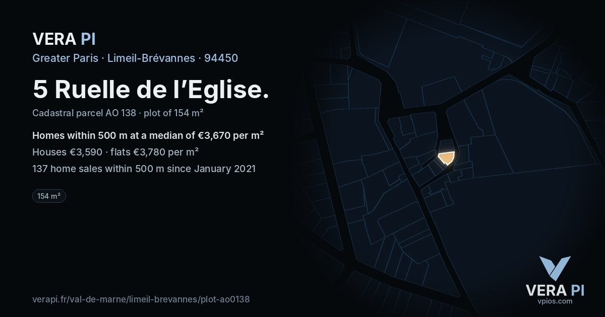 5 Ruelle de l’Eglise, Limeil-Brévannes at night – the plot lit, the parcels around coloured by the prices near them