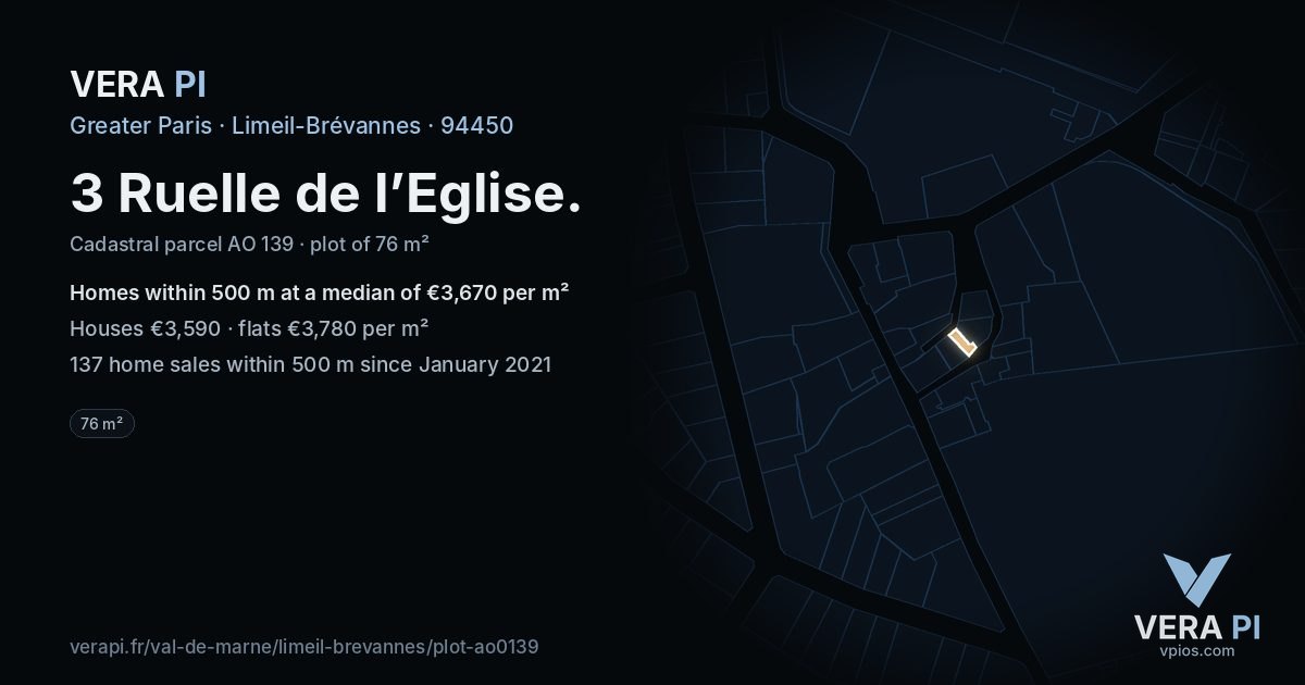 3 Ruelle de l’Eglise, Limeil-Brévannes at night – the plot lit, the parcels around coloured by the prices near them