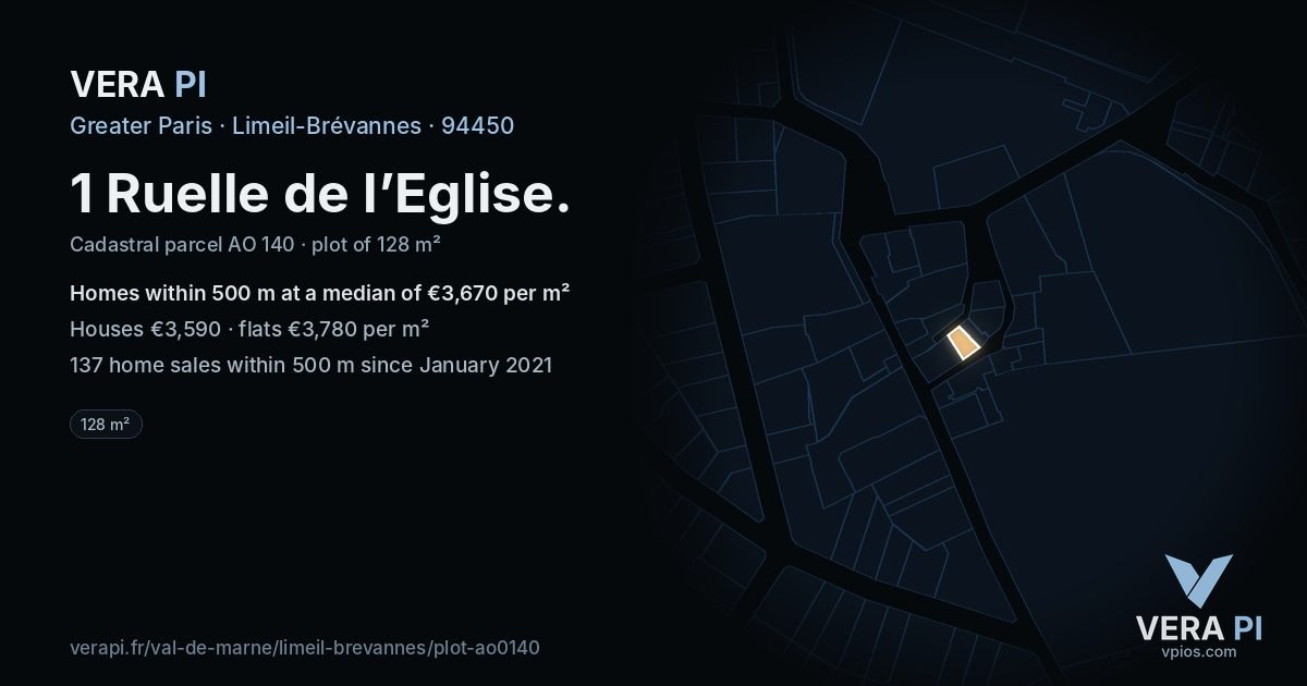 1 Ruelle de l’Eglise, Limeil-Brévannes at night – the plot lit, the parcels around coloured by the prices near them