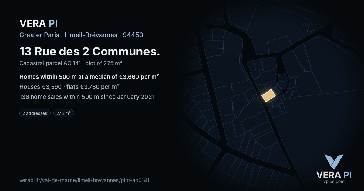 13 Rue des 2 Communes, Limeil-Brévannes at night – the plot lit, the parcels around coloured by the prices near them