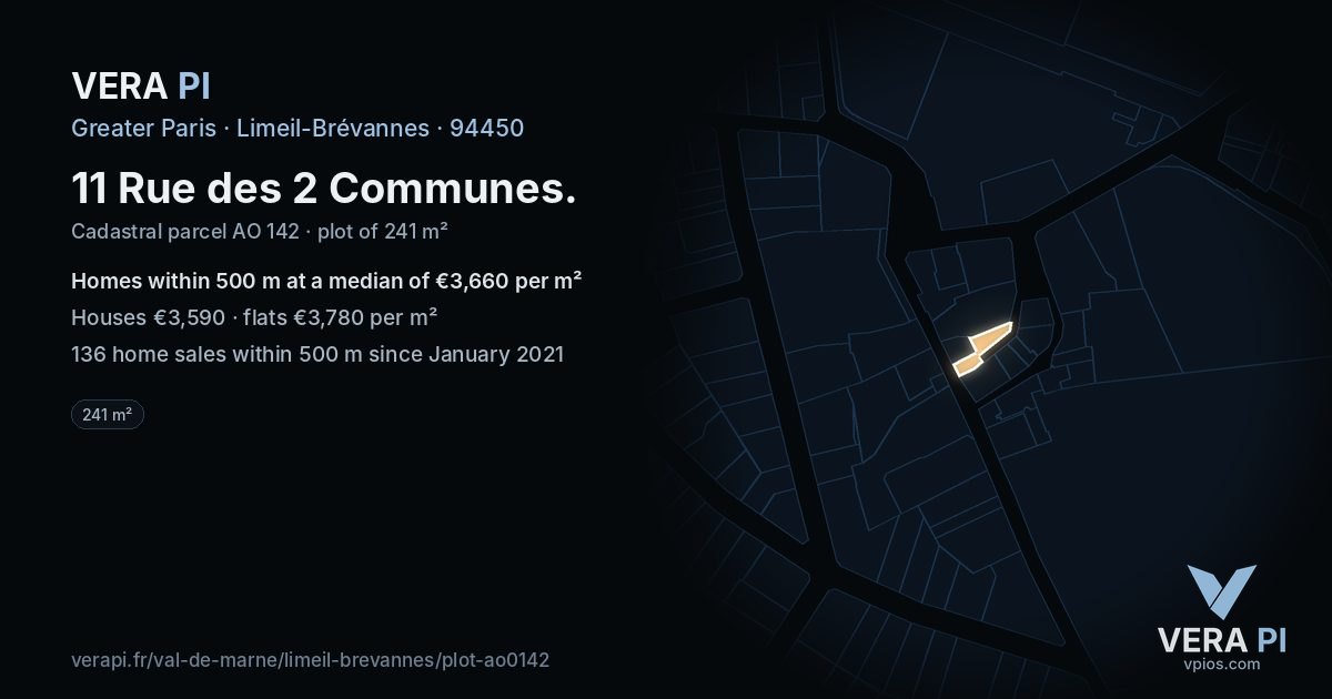 11 Rue des 2 Communes, Limeil-Brévannes at night – the plot lit, the parcels around coloured by the prices near them