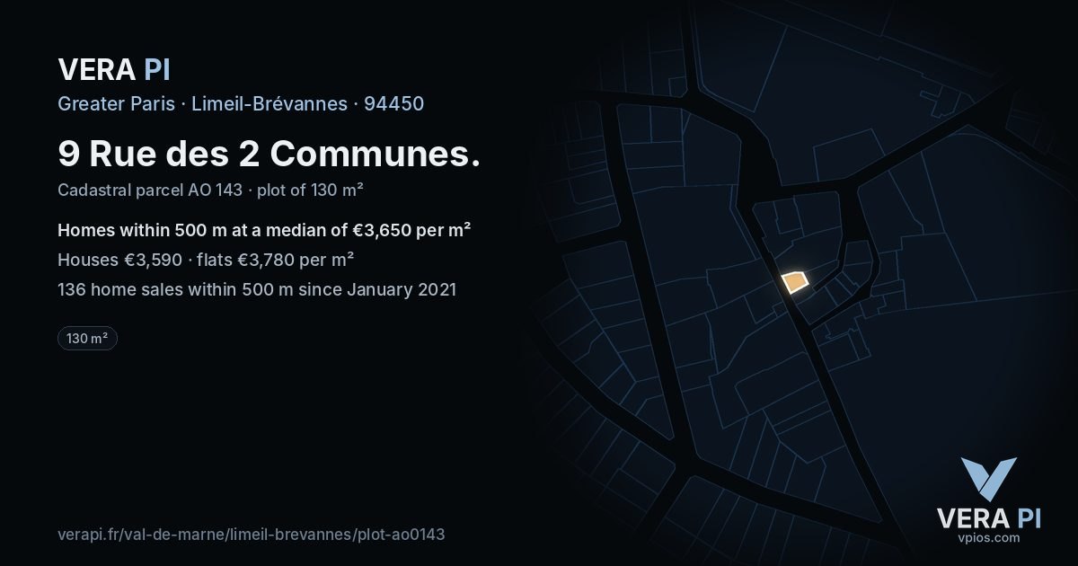 9 Rue des 2 Communes, Limeil-Brévannes at night – the plot lit, the parcels around coloured by the prices near them