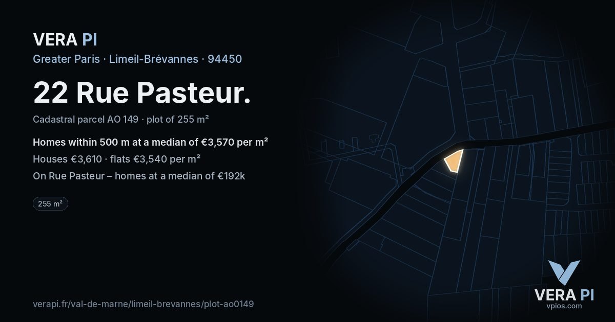 22 Rue Pasteur, Limeil-Brévannes at night – the plot lit, the parcels around coloured by the prices near them