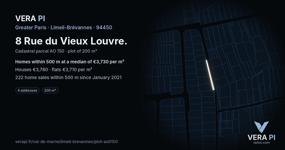8 Rue du Vieux Louvre, Limeil-Brévannes at night – the plot lit, the parcels around coloured by the prices near them