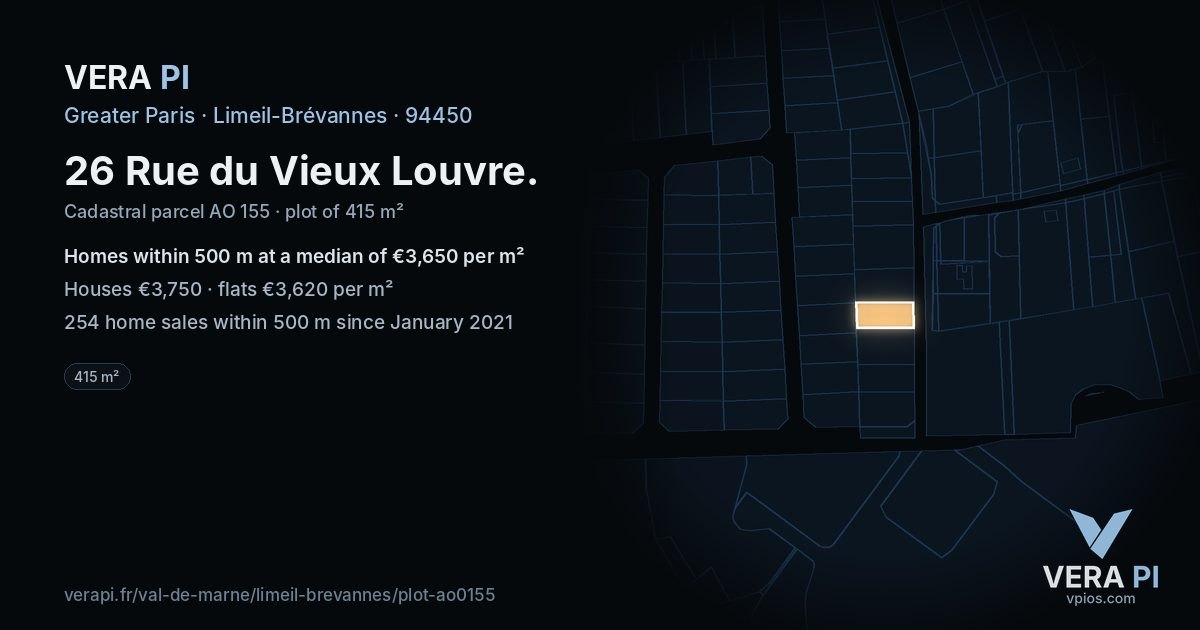 26 Rue du Vieux Louvre, Limeil-Brévannes at night – the plot lit, the parcels around coloured by the prices near them