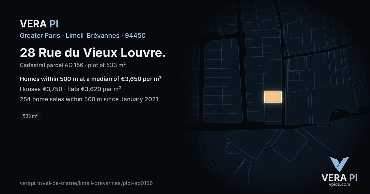 28 Rue du Vieux Louvre, Limeil-Brévannes at night – the plot lit, the parcels around coloured by the prices near them