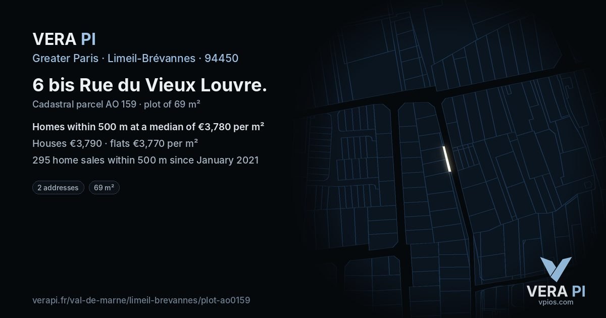 6 bis Rue du Vieux Louvre, Limeil-Brévannes at night – the plot lit, the parcels around coloured by the prices near them