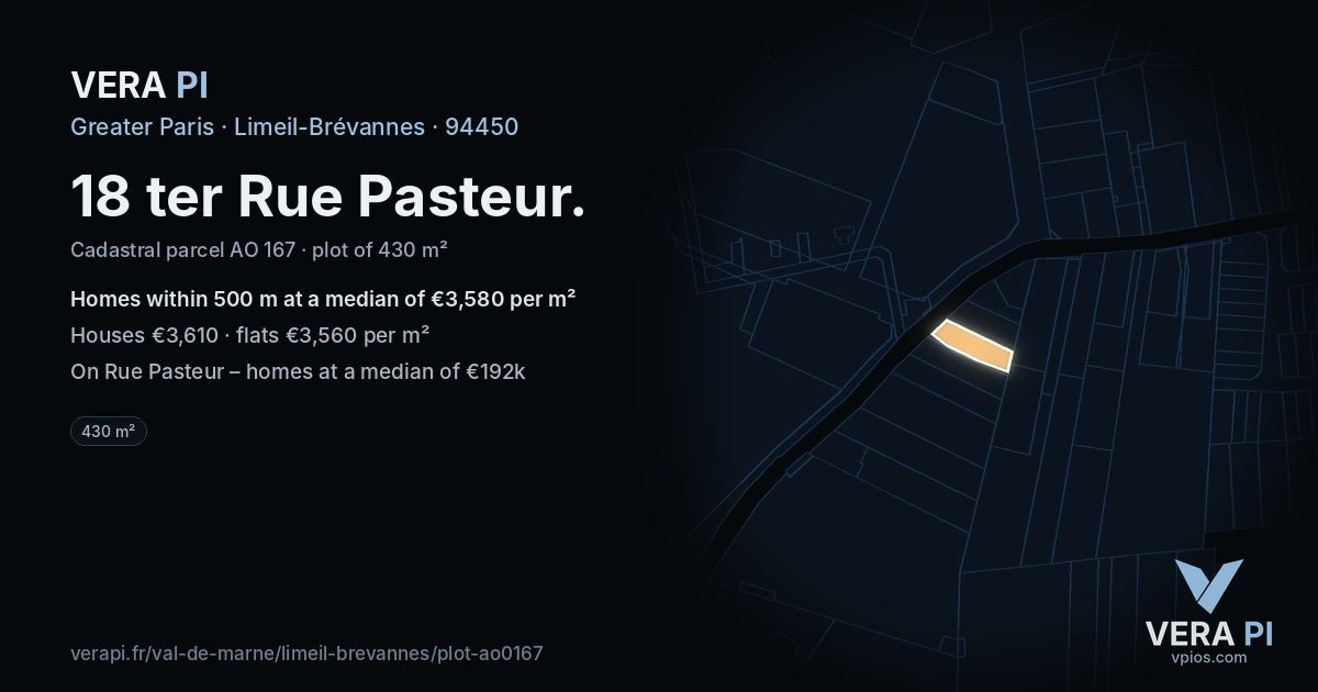 18 ter Rue Pasteur, Limeil-Brévannes at night – the plot lit, the parcels around coloured by the prices near them