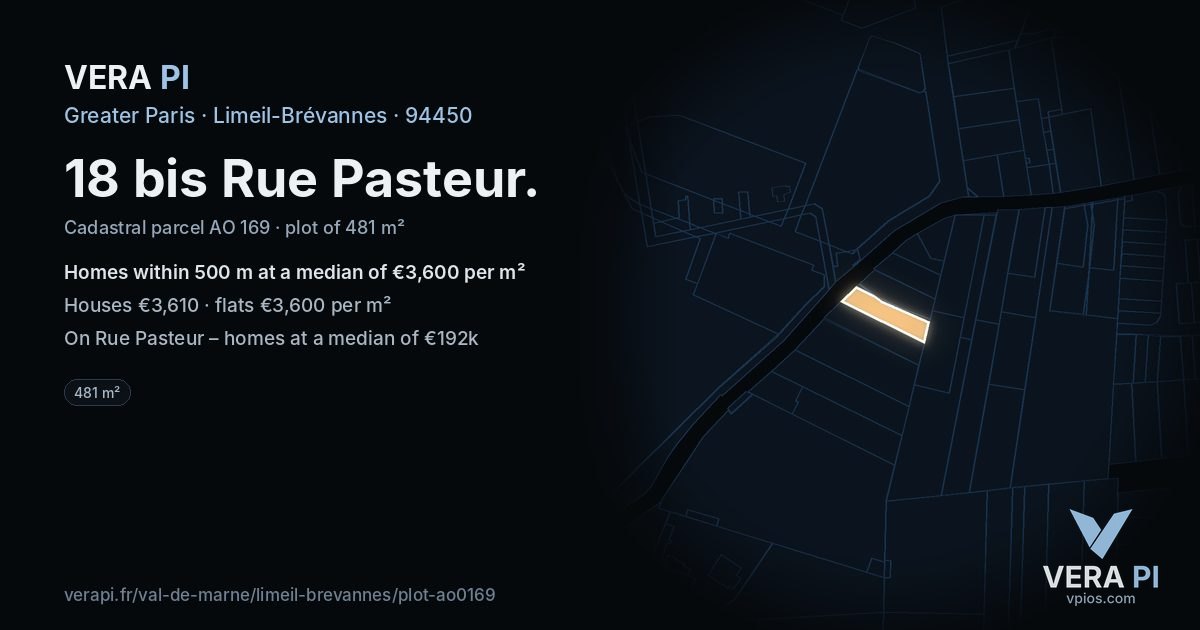 18 bis Rue Pasteur, Limeil-Brévannes at night – the plot lit, the parcels around coloured by the prices near them