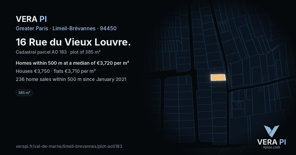 16 Rue du Vieux Louvre, Limeil-Brévannes at night – the plot lit, the parcels around coloured by the prices near them