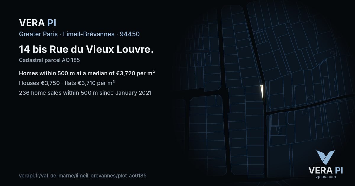 14 bis Rue du Vieux Louvre, Limeil-Brévannes at night – the plot lit, the parcels around coloured by the prices near them