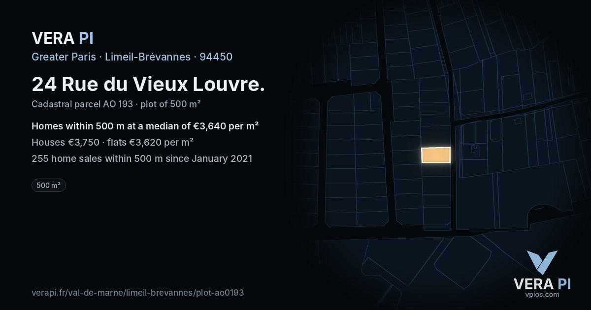 24 Rue du Vieux Louvre, Limeil-Brévannes at night – the plot lit, the parcels around coloured by the prices near them