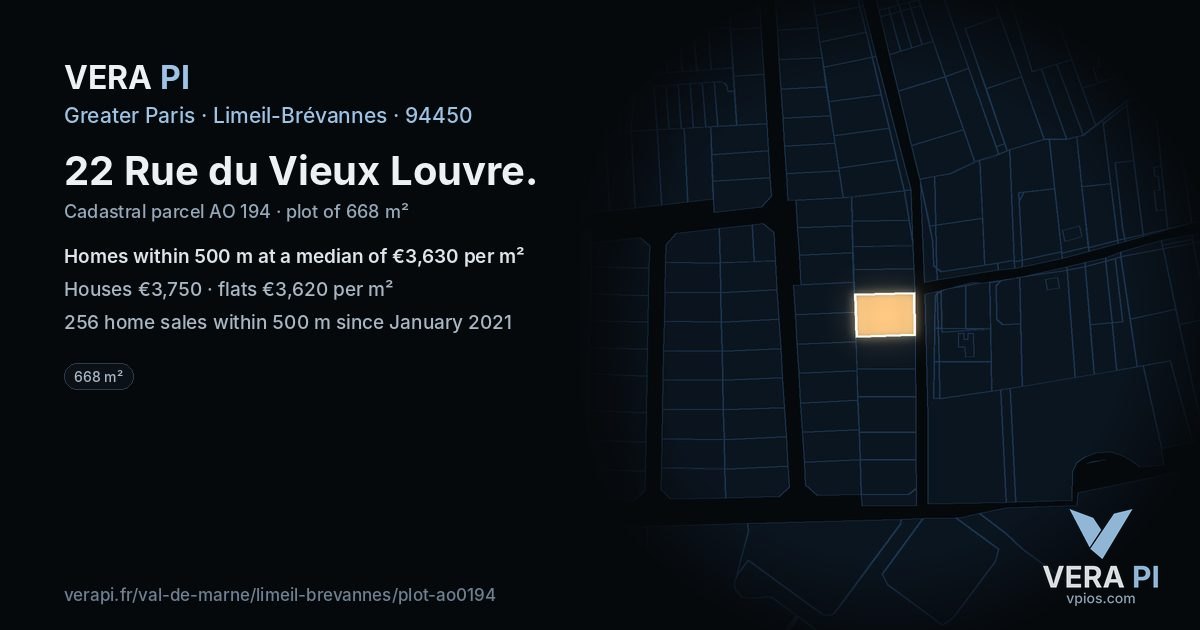 22 Rue du Vieux Louvre, Limeil-Brévannes at night – the plot lit, the parcels around coloured by the prices near them