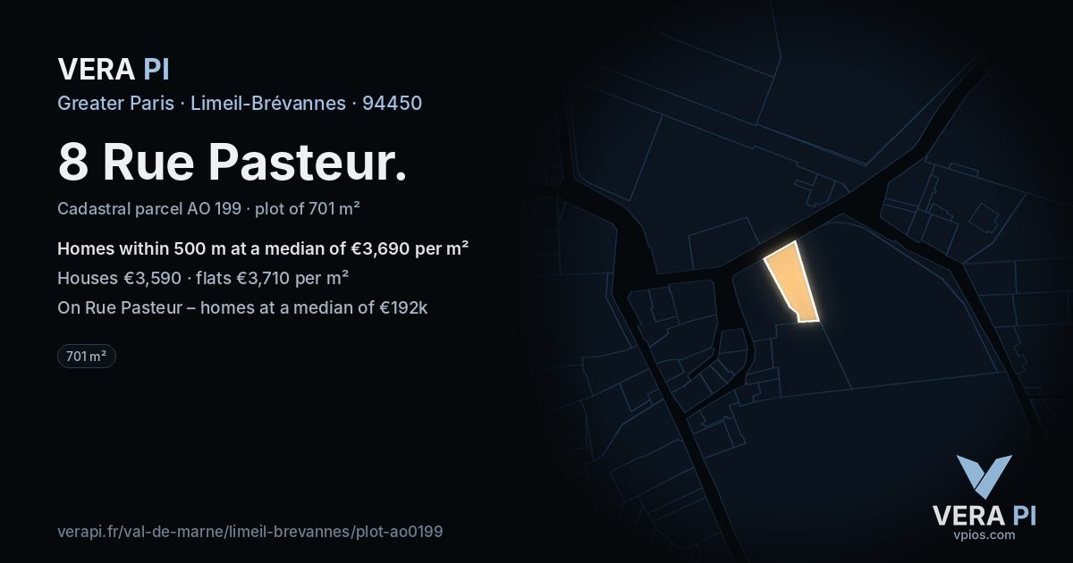 8 Rue Pasteur, Limeil-Brévannes at night – the plot lit, the parcels around coloured by the prices near them
