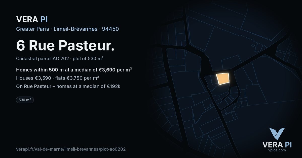 6 Rue Pasteur, Limeil-Brévannes at night – the plot lit, the parcels around coloured by the prices near them