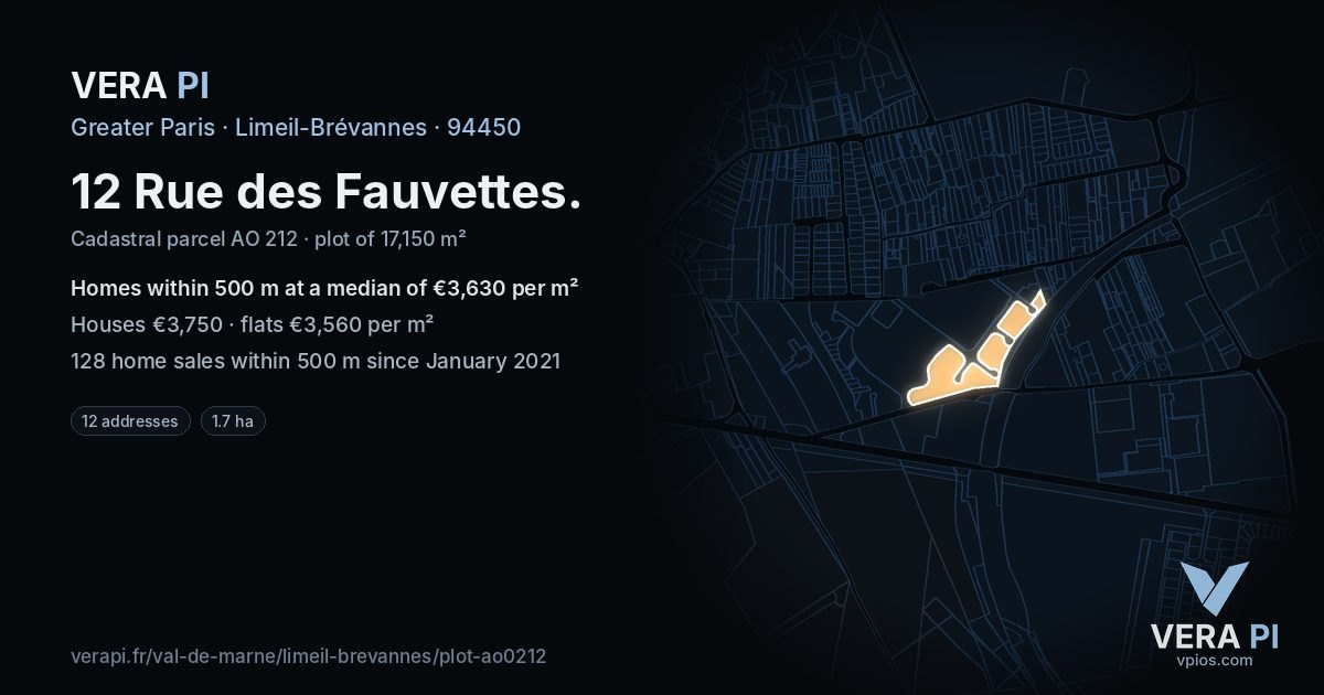 12 Rue des Fauvettes, Limeil-Brévannes at night – the plot lit, the parcels around coloured by the prices near them