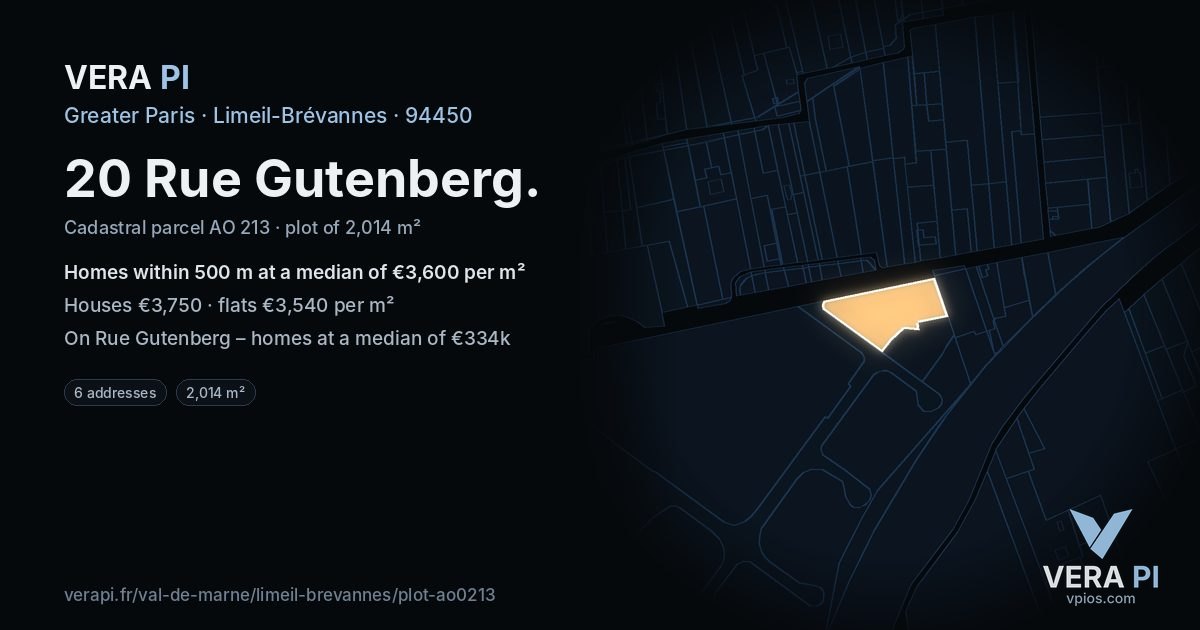 20 Rue Gutenberg, Limeil-Brévannes at night – the plot lit, the parcels around coloured by the prices near them