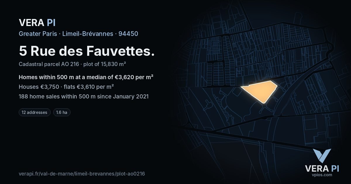 5 Rue des Fauvettes, Limeil-Brévannes at night – the plot lit, the parcels around coloured by the prices near them