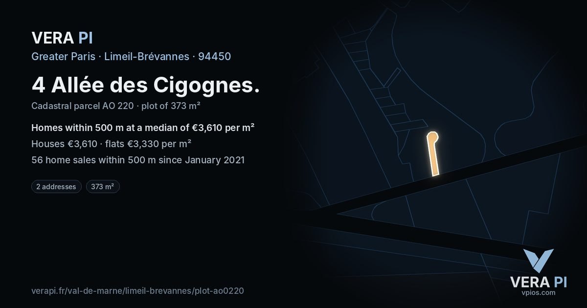 4 Allée des Cigognes, Limeil-Brévannes at night – the plot lit, the parcels around coloured by the prices near them