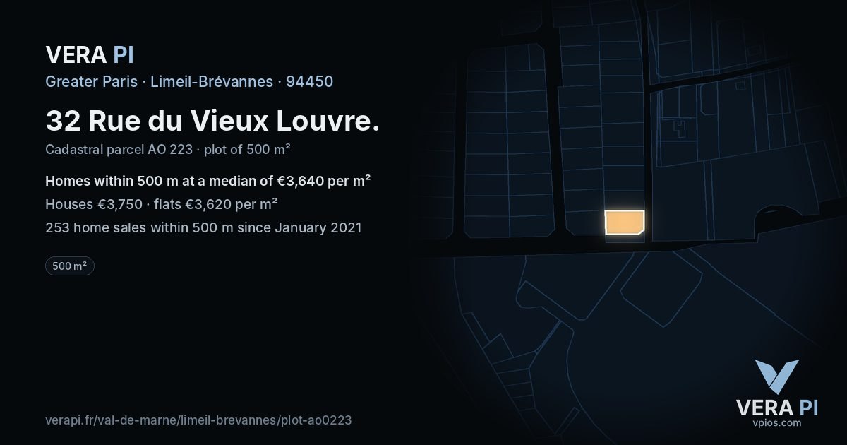 32 Rue du Vieux Louvre, Limeil-Brévannes at night – the plot lit, the parcels around coloured by the prices near them