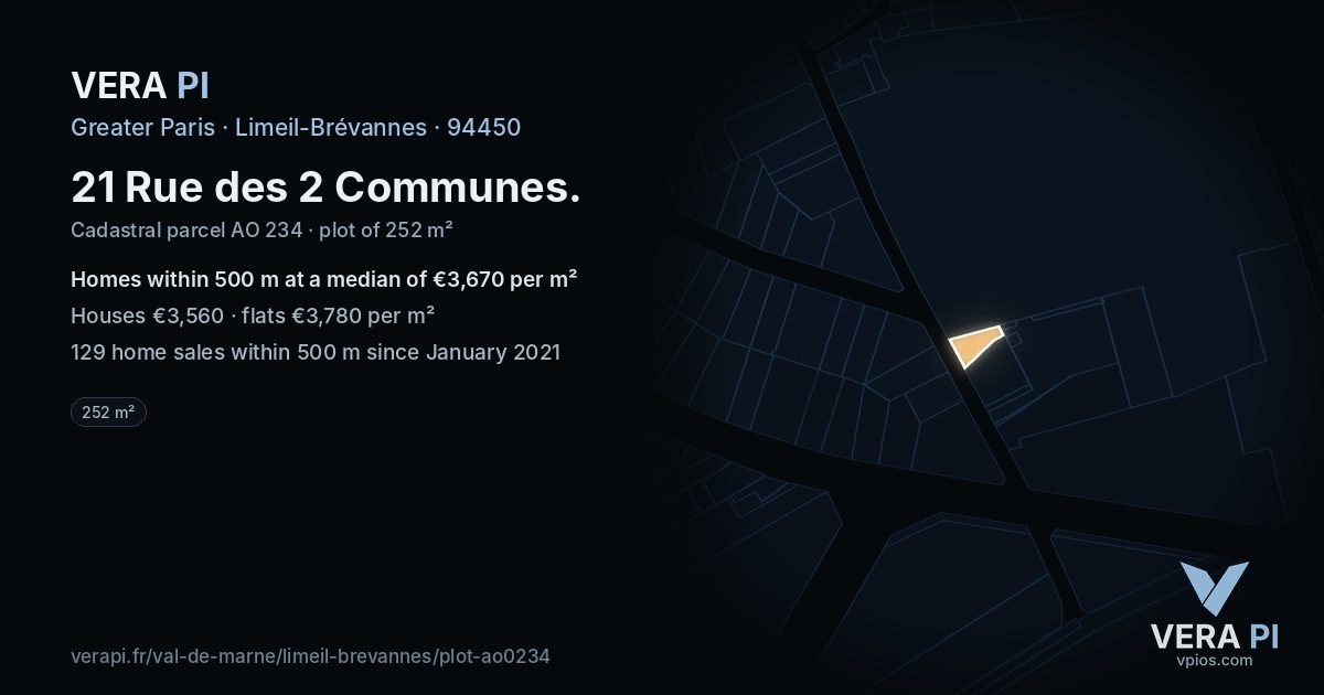21 Rue des 2 Communes, Limeil-Brévannes at night – the plot lit, the parcels around coloured by the prices near them