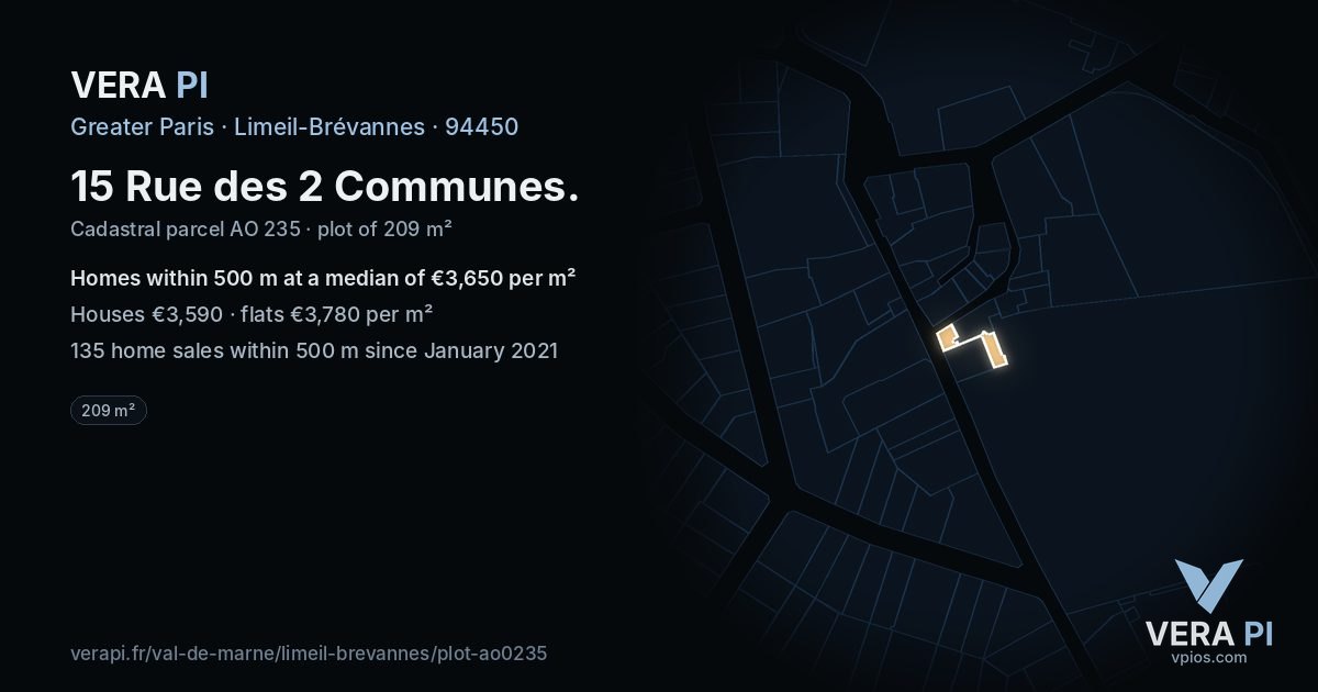 15 Rue des 2 Communes, Limeil-Brévannes at night – the plot lit, the parcels around coloured by the prices near them