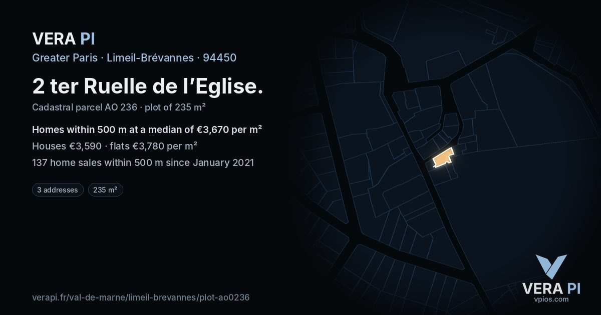 2 ter Ruelle de l’Eglise, Limeil-Brévannes at night – the plot lit, the parcels around coloured by the prices near them