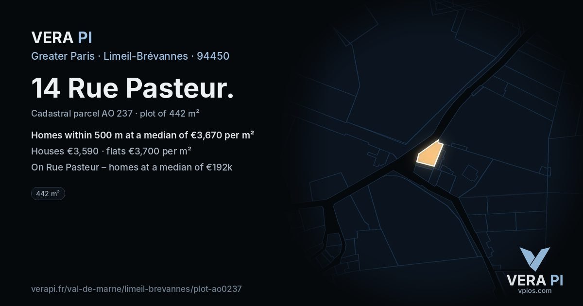 14 Rue Pasteur, Limeil-Brévannes at night – the plot lit, the parcels around coloured by the prices near them
