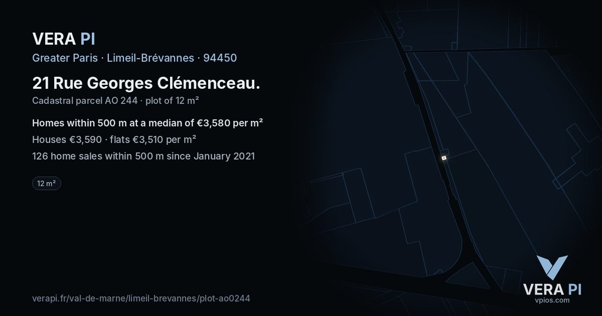 21 Rue Georges Clémenceau, Limeil-Brévannes at night – the plot lit, the parcels around coloured by the prices near them
