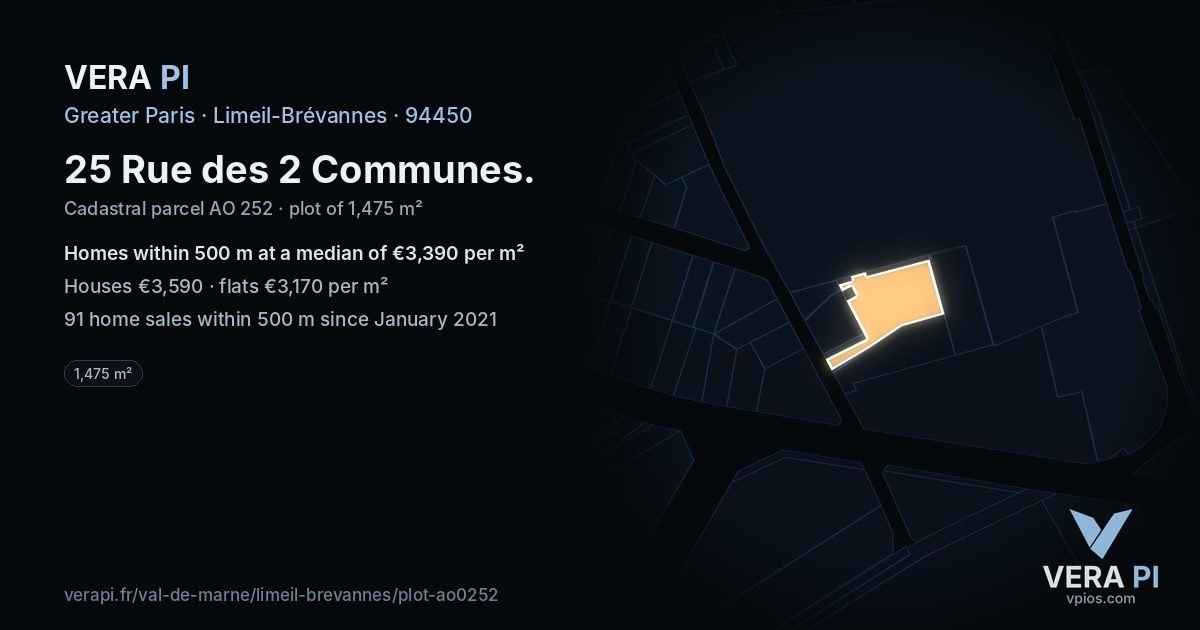25 Rue des 2 Communes, Limeil-Brévannes at night – the plot lit, the parcels around coloured by the prices near them