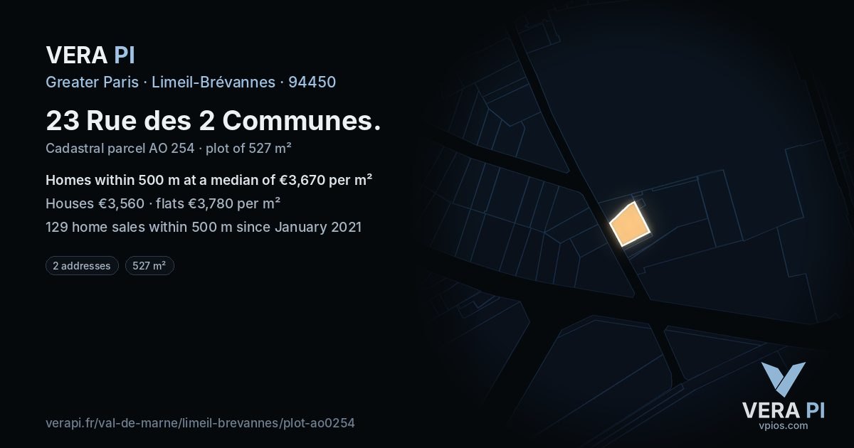 23 Rue des 2 Communes, Limeil-Brévannes at night – the plot lit, the parcels around coloured by the prices near them