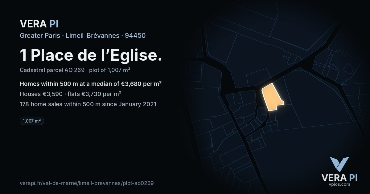 1 Place de l’Eglise, Limeil-Brévannes at night – the plot lit, the parcels around coloured by the prices near them