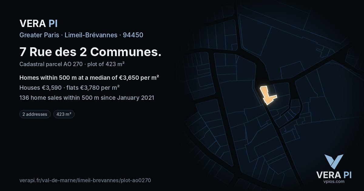 7 Rue des 2 Communes, Limeil-Brévannes at night – the plot lit, the parcels around coloured by the prices near them