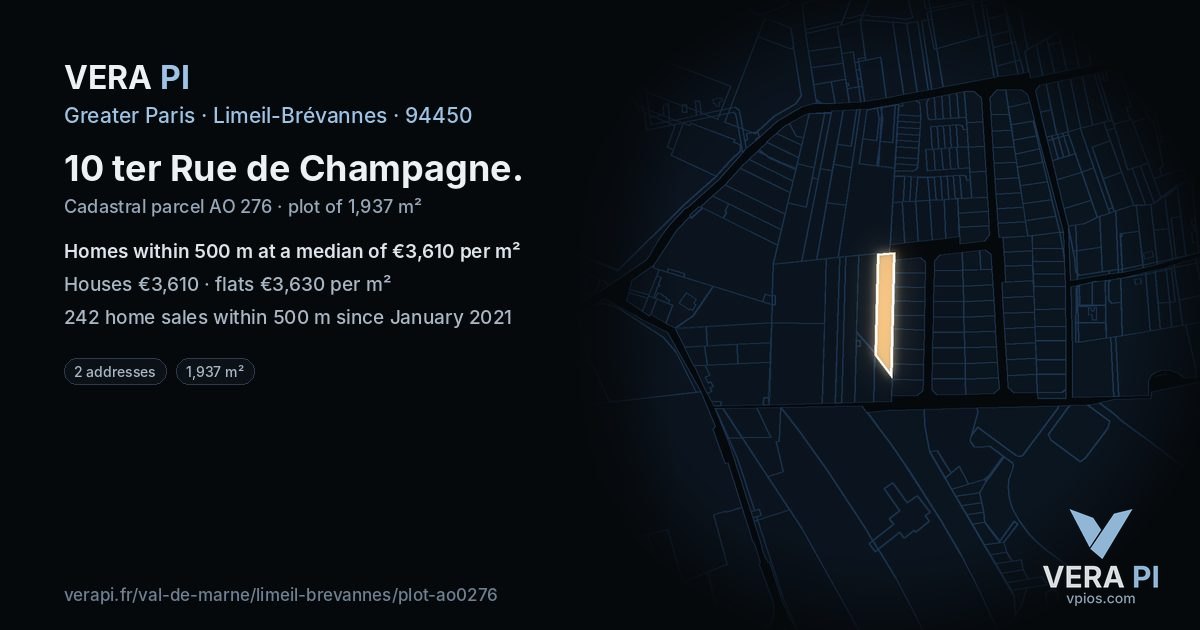 10 ter Rue de Champagne, Limeil-Brévannes at night – the plot lit, the parcels around coloured by the prices near them