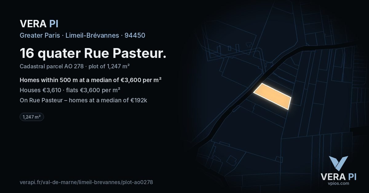 16 quater Rue Pasteur, Limeil-Brévannes at night – the plot lit, the parcels around coloured by the prices near them