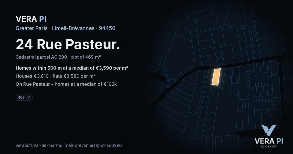 24 Rue Pasteur, Limeil-Brévannes at night – the plot lit, the parcels around coloured by the prices near them