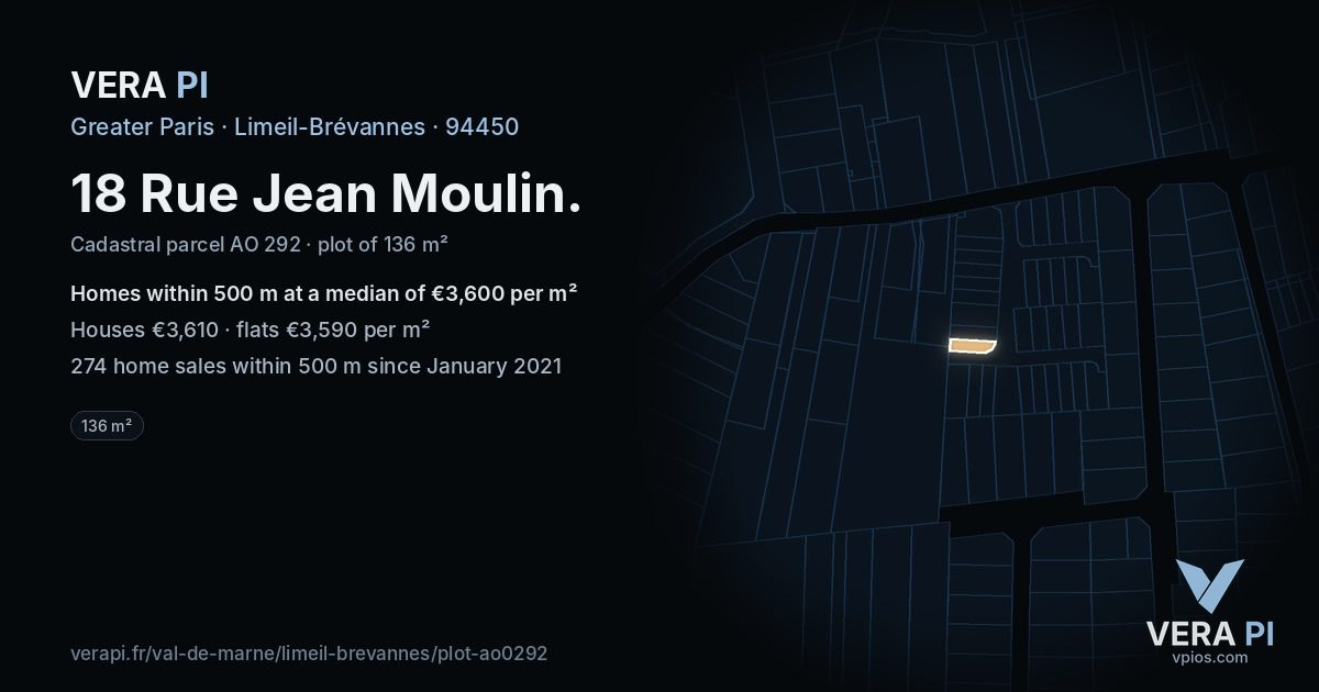 18 Rue Jean Moulin, Limeil-Brévannes at night – the plot lit, the parcels around coloured by the prices near them