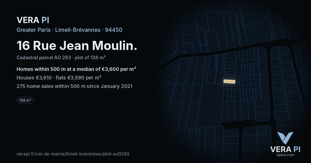 16 Rue Jean Moulin, Limeil-Brévannes at night – the plot lit, the parcels around coloured by the prices near them