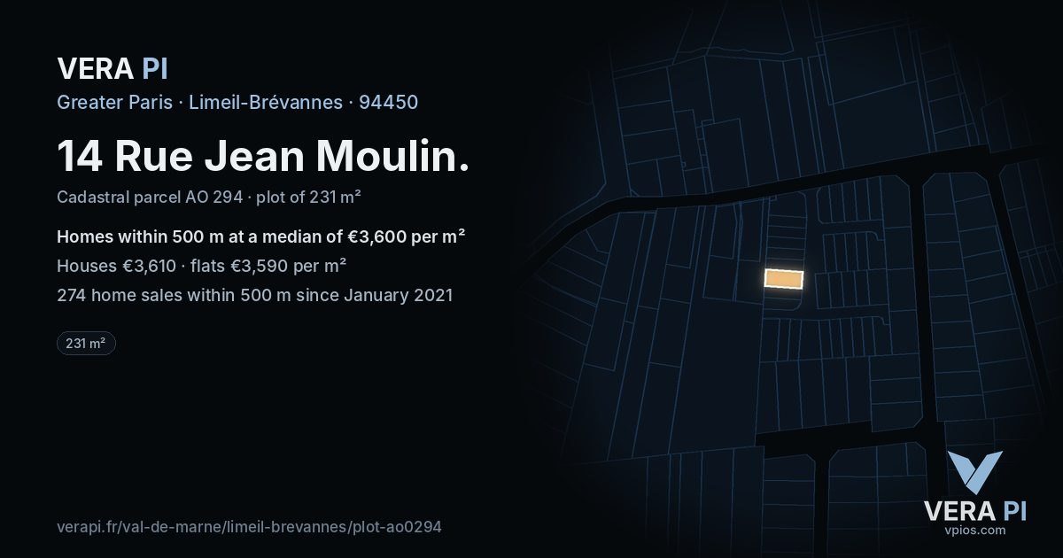 14 Rue Jean Moulin, Limeil-Brévannes at night – the plot lit, the parcels around coloured by the prices near them