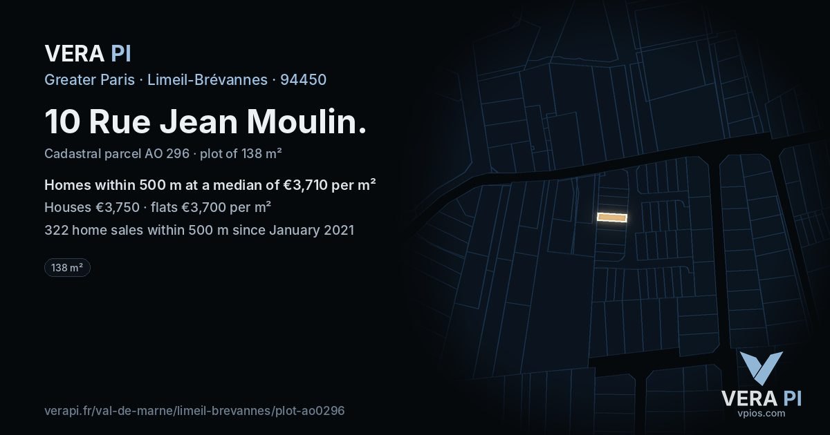 10 Rue Jean Moulin, Limeil-Brévannes at night – the plot lit, the parcels around coloured by the prices near them