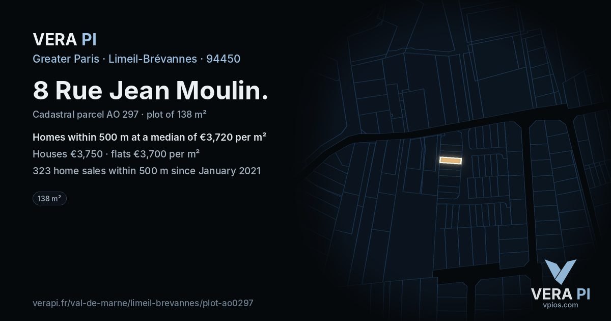 8 Rue Jean Moulin, Limeil-Brévannes at night – the plot lit, the parcels around coloured by the prices near them