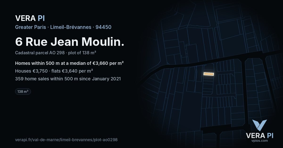 6 Rue Jean Moulin, Limeil-Brévannes at night – the plot lit, the parcels around coloured by the prices near them