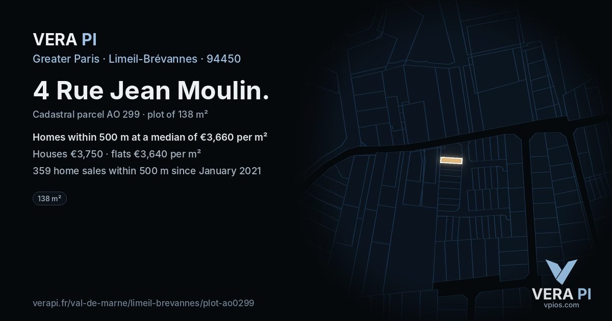 4 Rue Jean Moulin, Limeil-Brévannes at night – the plot lit, the parcels around coloured by the prices near them