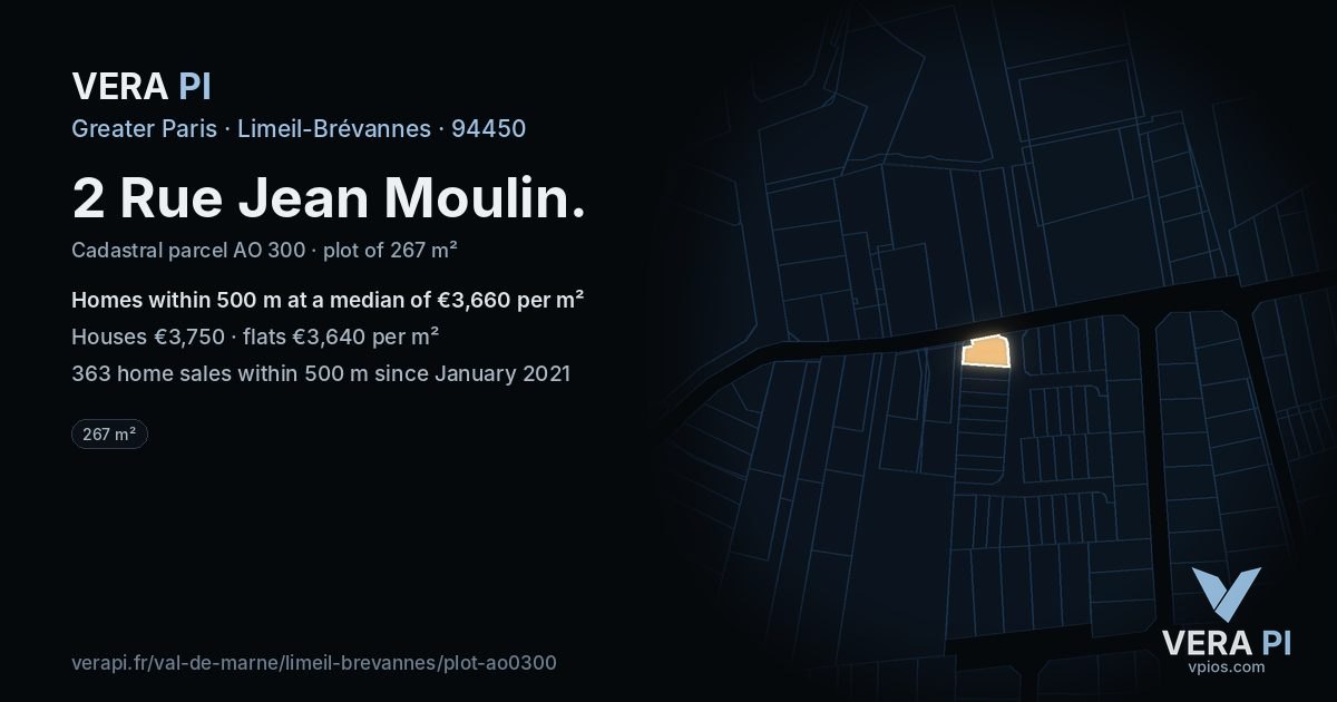 2 Rue Jean Moulin, Limeil-Brévannes at night – the plot lit, the parcels around coloured by the prices near them