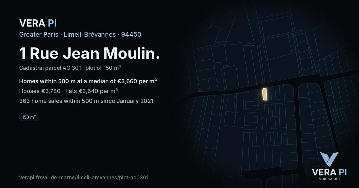 1 Rue Jean Moulin, Limeil-Brévannes at night – the plot lit, the parcels around coloured by the prices near them