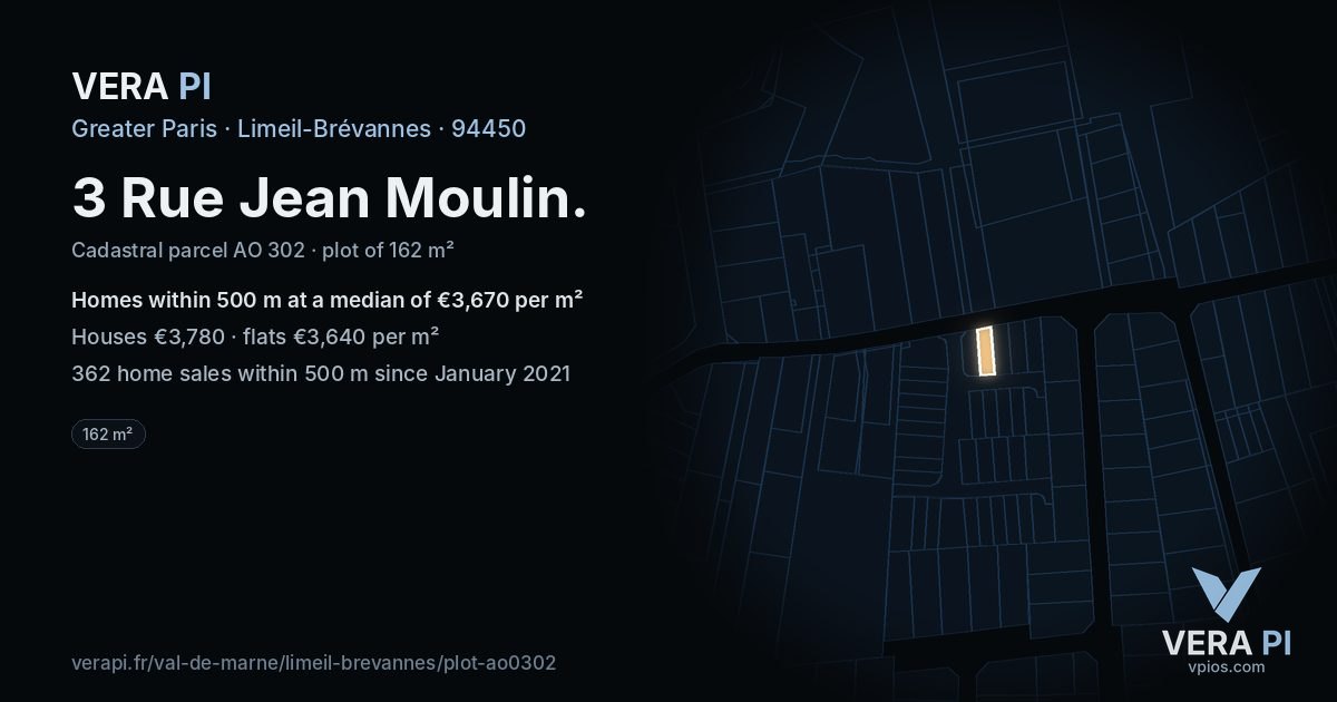 3 Rue Jean Moulin, Limeil-Brévannes at night – the plot lit, the parcels around coloured by the prices near them