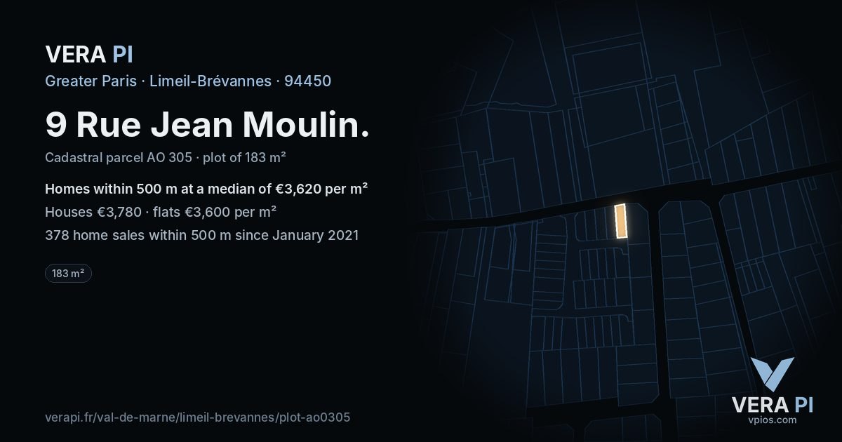 9 Rue Jean Moulin, Limeil-Brévannes at night – the plot lit, the parcels around coloured by the prices near them
