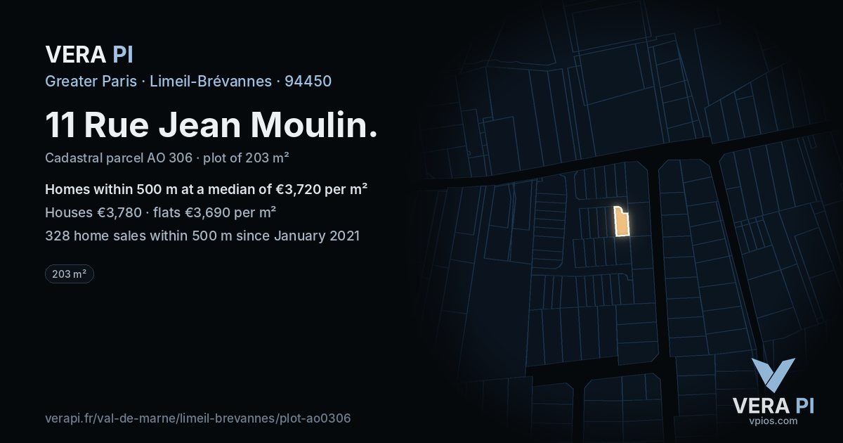 11 Rue Jean Moulin, Limeil-Brévannes at night – the plot lit, the parcels around coloured by the prices near them