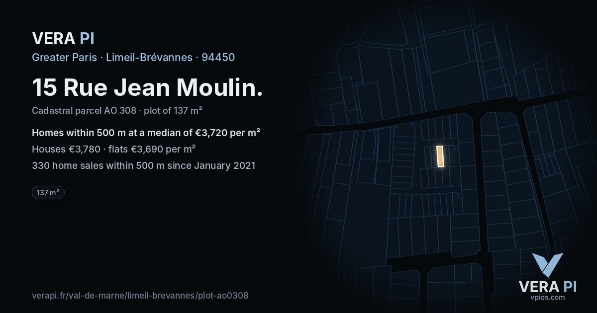15 Rue Jean Moulin, Limeil-Brévannes at night – the plot lit, the parcels around coloured by the prices near them