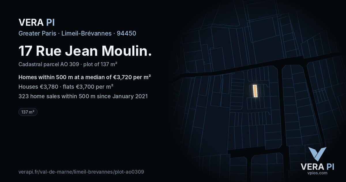 17 Rue Jean Moulin, Limeil-Brévannes at night – the plot lit, the parcels around coloured by the prices near them